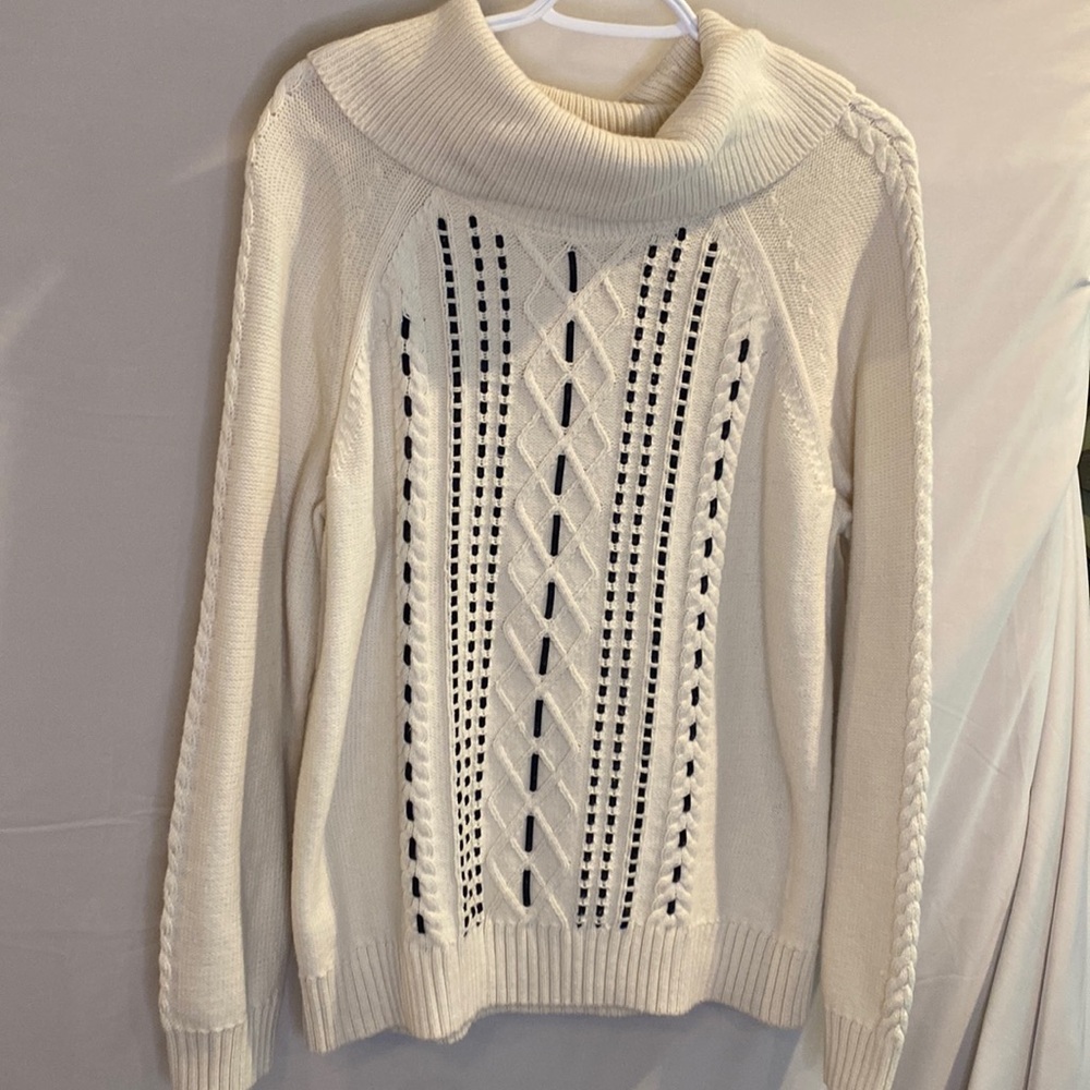 Talbots Cream & Black Cowl Sweater Demure Old Money Ivory Rope